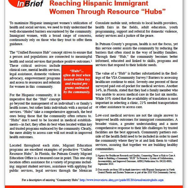 Reaching Hispanic Immigrant Women Through Resource "Hubs" Brief
