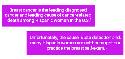Breast cancer is the leading diagnosed cancer and leading cause of cancer-realted death amoung Hispanic women in the U.S. Unfortunately, the cause is late detection and many Hispanic women are neither taught nor practice the breast self-exam.